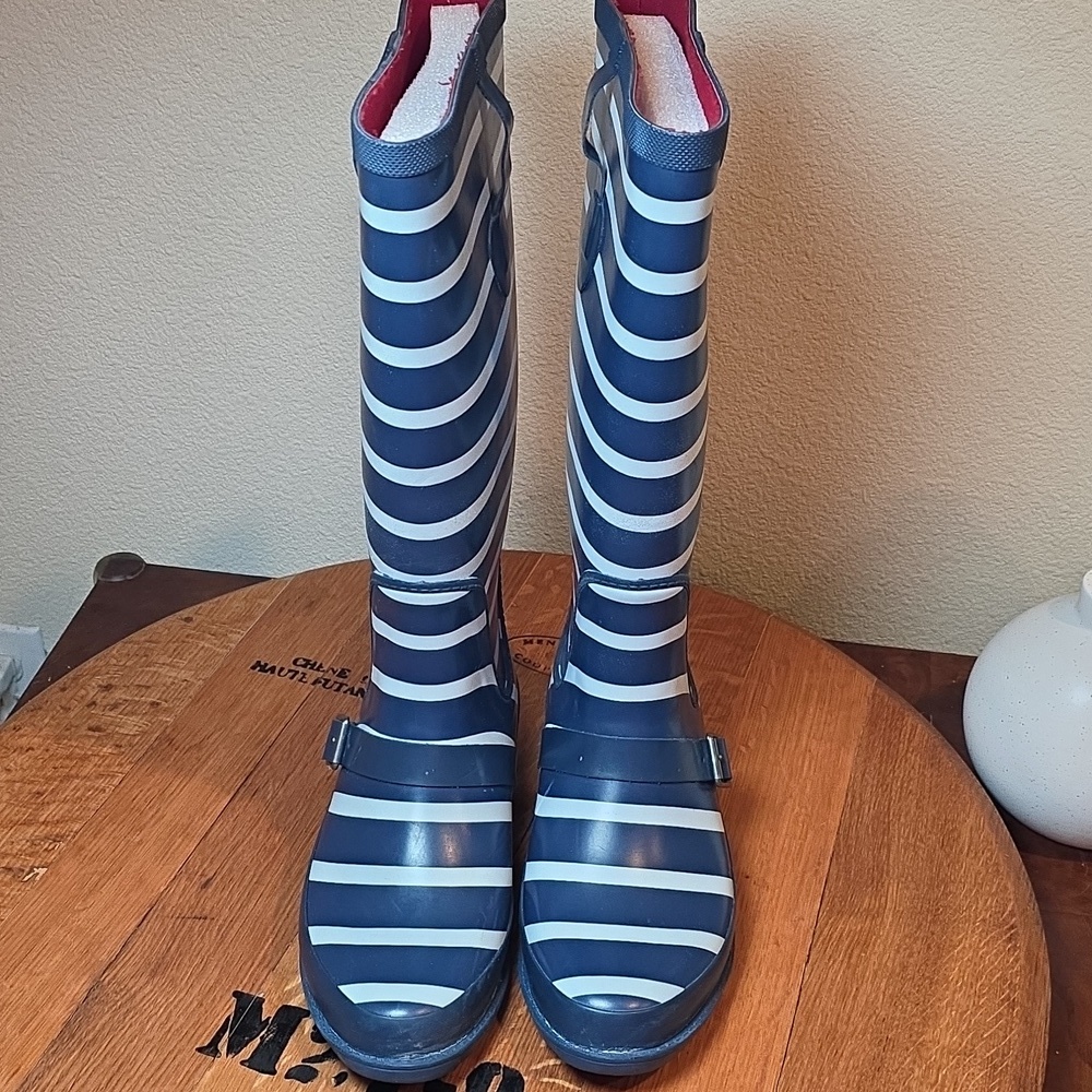 L.L. Bean Navy and White Nautical Striped Rain Boots Wellies Size 8 - Picture 7 of 11